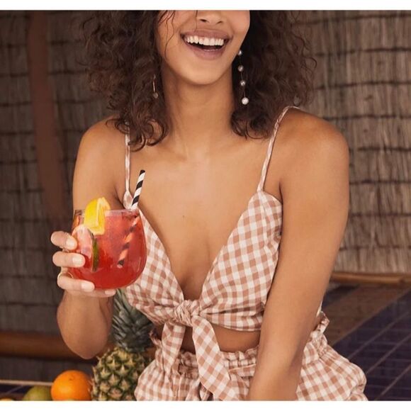 LULU’S ‘Midday Muse’ Mustard and White Gingham Tie Front Super Cropped Top - Picture 1 of 4